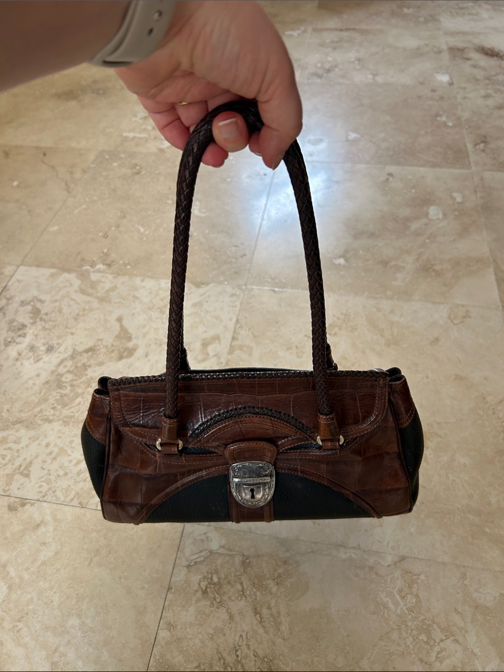 Brighton Brown Leather-Accent Shoulder Bag with Woven Handles